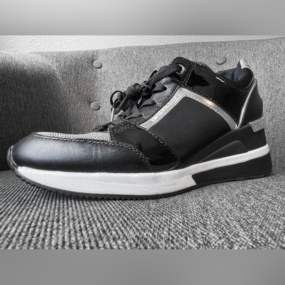 Michael Kors Georgie Mixed-Media Trainer, black, white, silver
